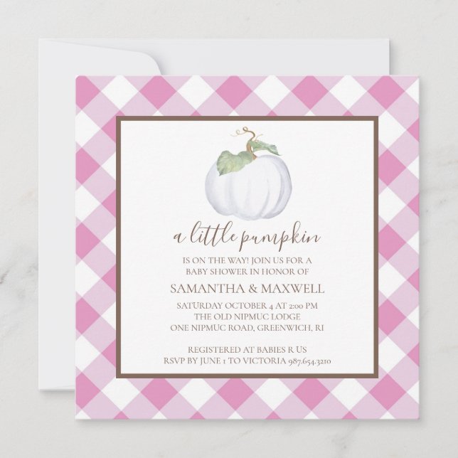 Invitación Calabaza blanca rusa y Baby Shower de Gingham (Anverso)
