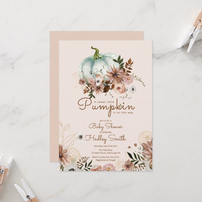 Invitación Calabaza boho está en camino a la ducha de bebé (Anverso/Reverso In Situ)