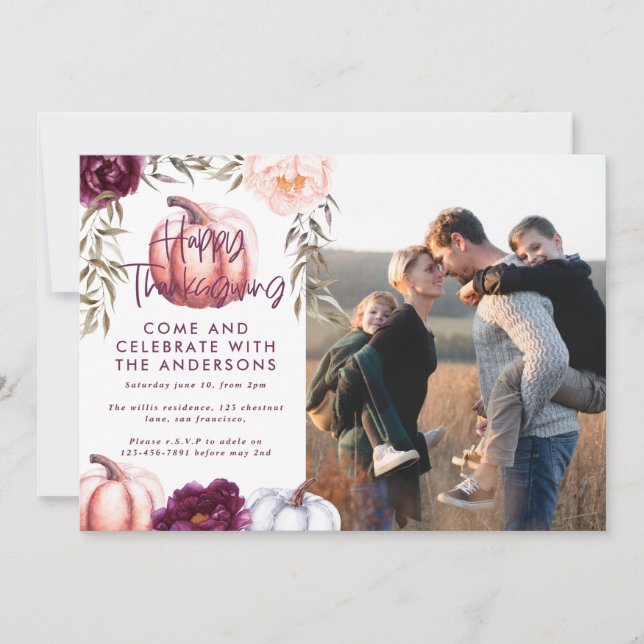 Invitación calabaza caída morado de acción de gracias foto (Anverso)