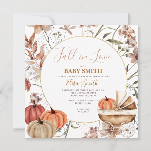 Invitación Calabaza Carrito de bebé se enamora Baby Shower (Anverso)