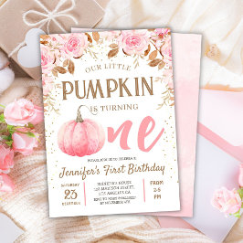 Invitación Calabaza Chica rosado y dorado otoño floral primer