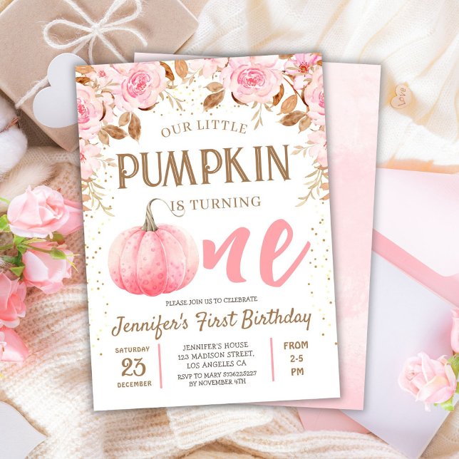 Invitación Calabaza Chica rosado y dorado otoño floral primer (Subido por el creador)