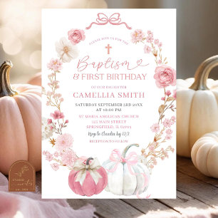 Invitación Calabaza Coqueta de lazo rosa Bautizo y Cumpleaños
