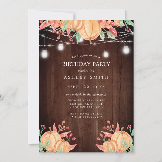 Invitación Calabaza Cosecha Acuarela de otoño Luces de cumple (Anverso)