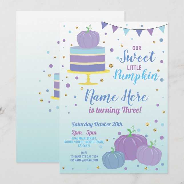 Invitación Calabaza Cumpleaños Azul Invita A CUALQUIER NIÑO D (Anverso / Reverso)