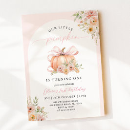 Invitación Calabaza Cumpleaños Primero Floral Lazo Rosa