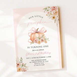 Invitación Calabaza Cumpleaños Primero Floral Lazo Rosa