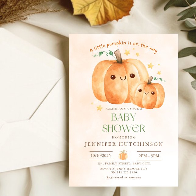 Invitación Calabaza Cuta En El Camino A Caer Baby Shower (Cute Pumpkin On The Way Fall Baby Shower Invitation)