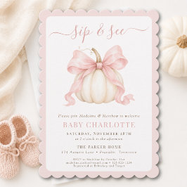 Invitación Calabaza de acuarela con lazo rosa para bebé niña 