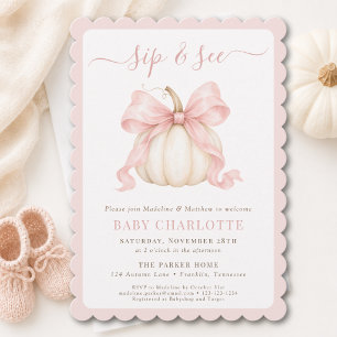 Invitación Calabaza de acuarela con lazo rosa para bebé niña