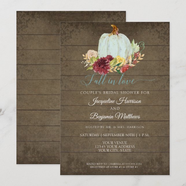 Invitación Calabaza de Acuarela de Madera Rústica Floral de B (Anverso / Reverso)