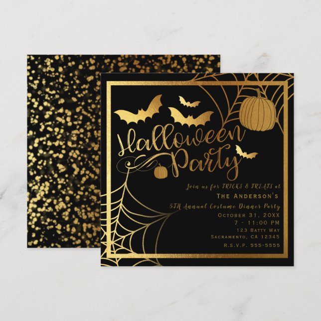 Invitación Calabaza de bolas de oro y negro Elegante fiesta d (Anverso / Reverso)