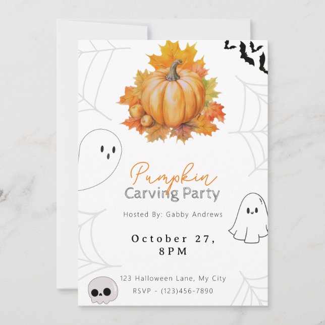 Invitación Calabaza de bonito y hojas Calabaza Fiesta tallado (Anverso)