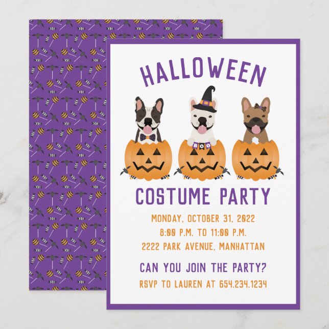 Invitación Calabaza de Bulldoges franceses Fiesta de disfrace (Anverso / Reverso)