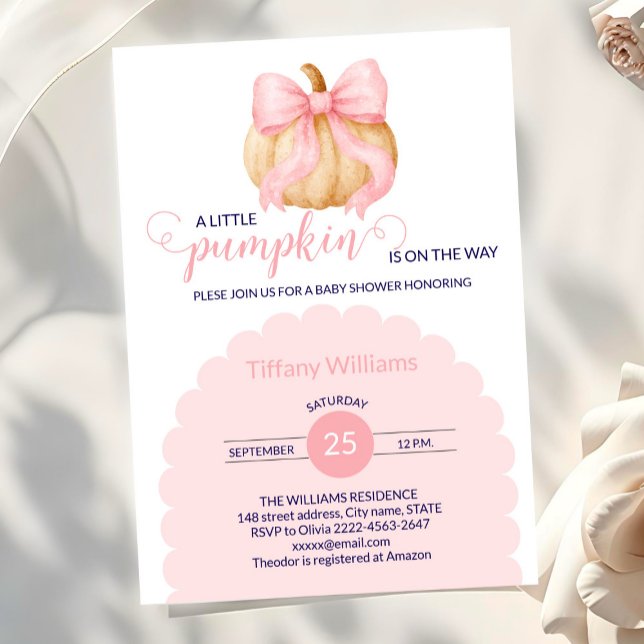 Invitación Calabaza de calabaza rosa ducha de bebé minimalist (Fall Pumpkin Baby Shower Invitation with Pink Bows)
