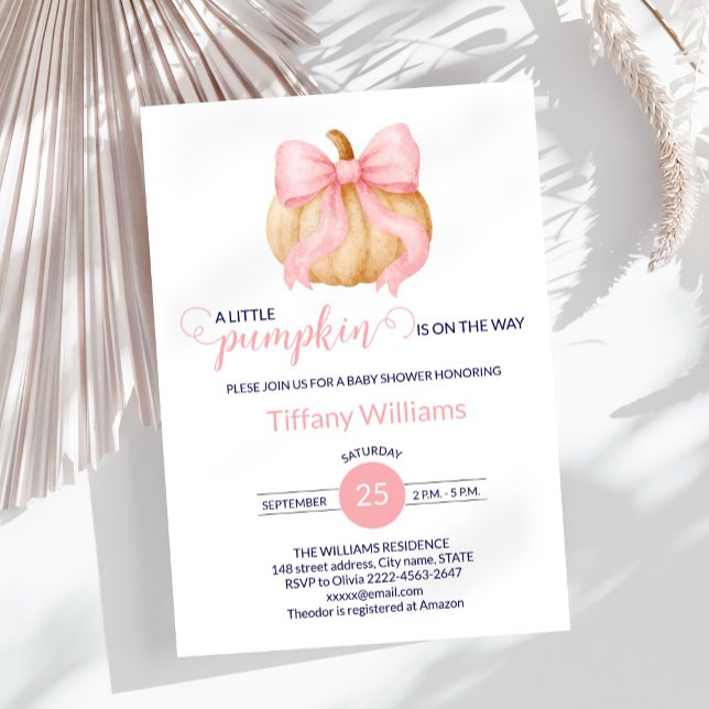 Invitación Calabaza de calabaza rosa ducha de bebé minimalist (Fall Pumpkin Baby Shower Invitation with Pink Bows)