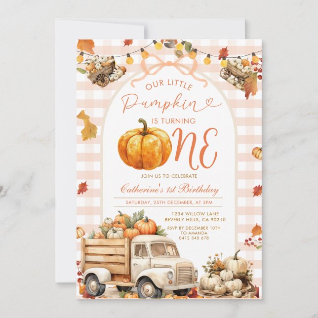 Invitación Calabaza de Camión Bow Primer Cumpleaños Otoño Flo (Anverso)