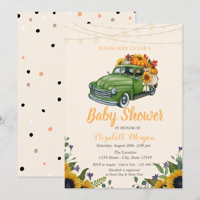 Invitación Calabaza de Camión, Luces de Cadena, Shower de Beb (Anverso / Reverso)