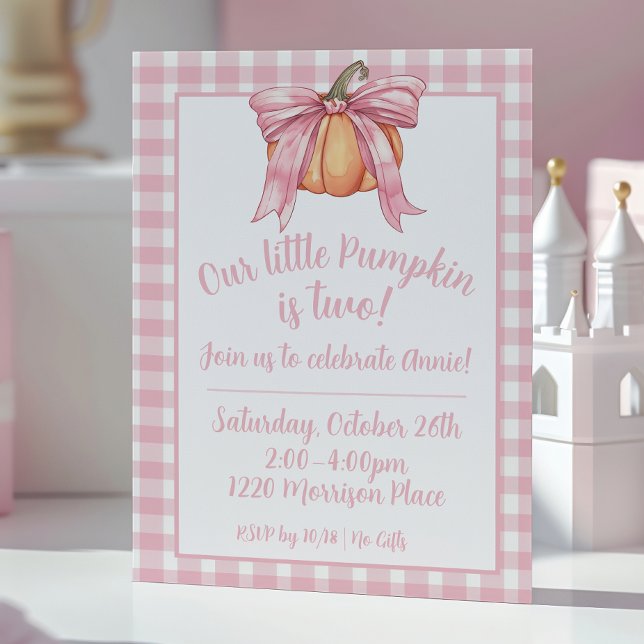 Invitación Calabaza de cinta rosa, Chica rosa de Gingham, sop (Subido por el creador)