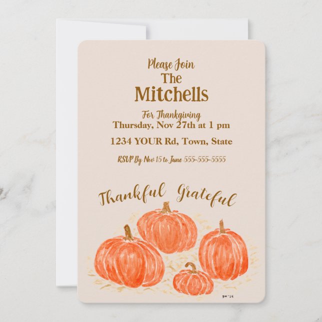 Invitación Calabaza de color de agua PERSONALIZACIÓN agradeci (Anverso)