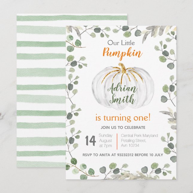 Invitación Calabaza de color de agua verde 1º cumpleaños (Anverso / Reverso)
