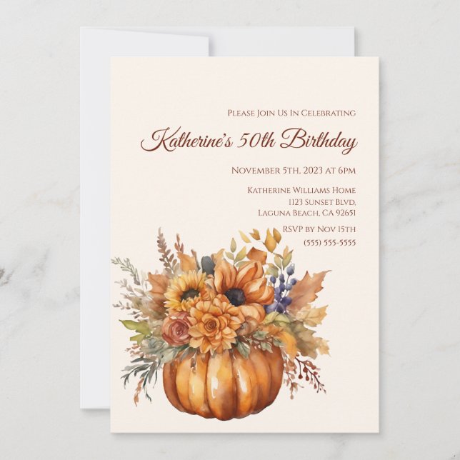 Invitación Calabaza de cumpleaños con flores- (Anverso)