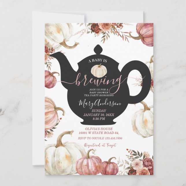 Invitación Calabaza de Fiesta de té blanco y rosa se está pre (Anverso)