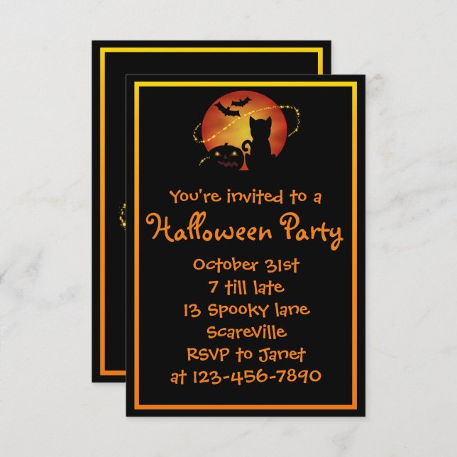 Invitación Calabaza de gatos de la fiesta de Halloween y murc (Anverso / Reverso)