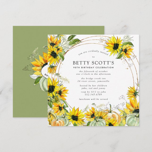 Invitación Calabaza de girasol amarillo Otoño Cumpleaños 90 (Anverso / Reverso)