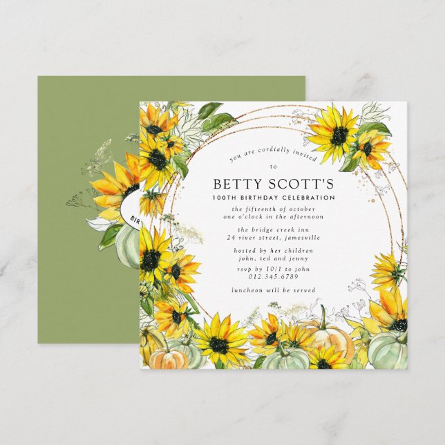 Invitación Calabaza de girasol Otoño 100 cumpleaños cuadrado (Anverso / Reverso)