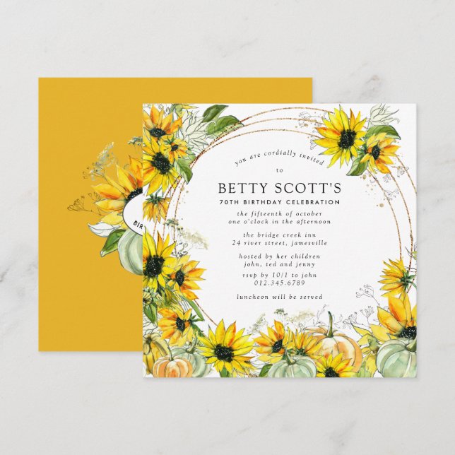 Invitación Calabaza de girasol Otoño Otoño 70 cumpleaños (Anverso / Reverso)