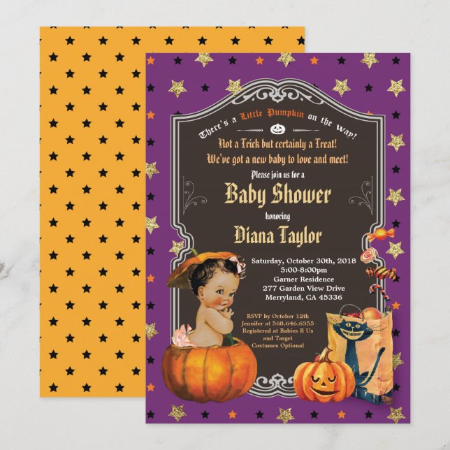 Invitación Calabaza de Halloween bebé ducha oro morado (Anverso / Reverso)