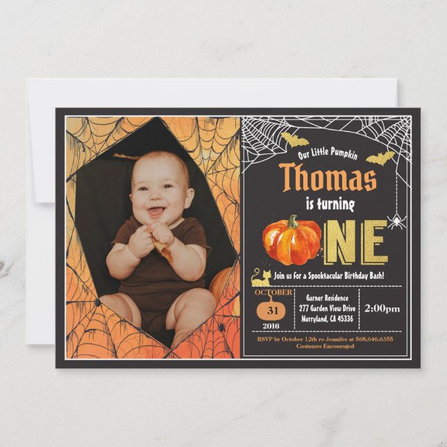 Invitación Calabaza de Halloween bebé niño primera foto de cu (Anverso)
