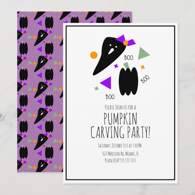 Invitación Calabaza de Halloween Carving Cute Ghost Confetti (Anverso / Reverso)