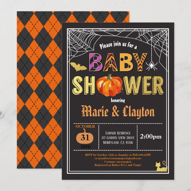 Invitación Calabaza de Halloween ducha de bebé negro y oro (Anverso / Reverso)