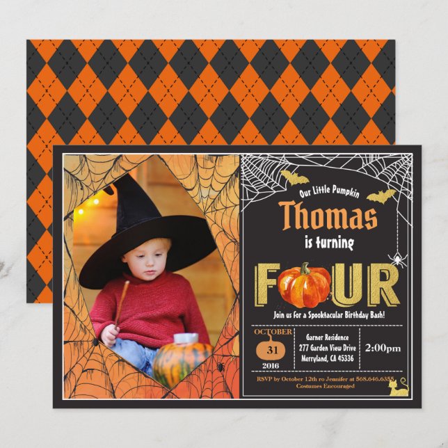 Invitación Calabaza de Halloween foto fiesta de cuarto cumple (Anverso / Reverso)