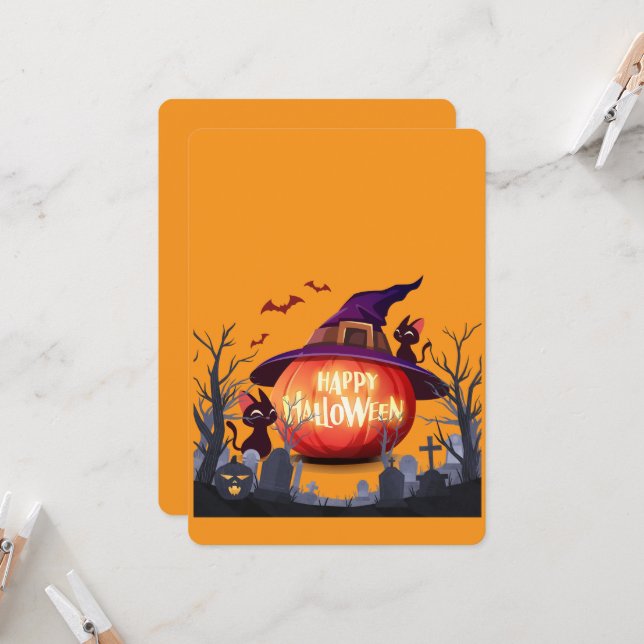 Invitación Calabaza de Halloween, Gorra de gatos y brujas (Anverso/Reverso In Situ)