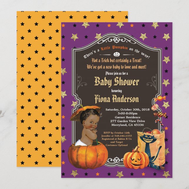 Invitación Calabaza de Halloween niño ducha oro morado (Anverso / Reverso)