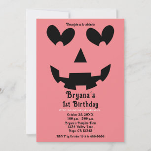 Invitación Calabaza de Halloween rosa con ojos de corazón en 