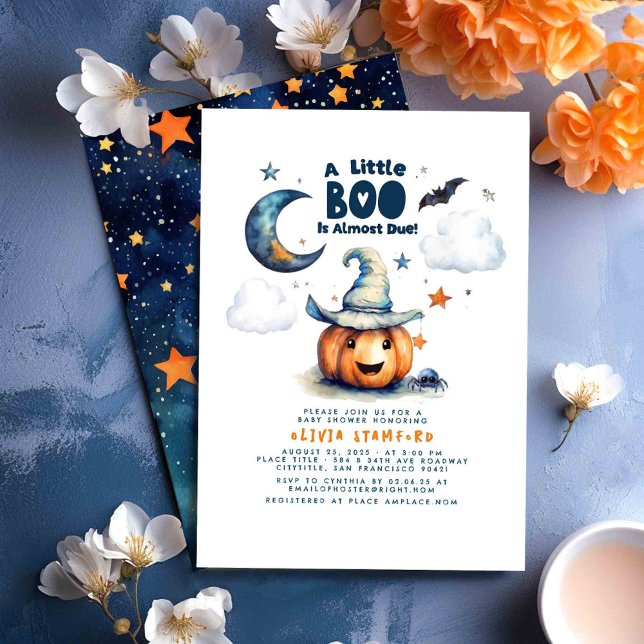 Invitación Calabaza de Halloween Un Pequeño Chico Baby Shower (Halloween Baby Shower Invitations Featuring A Little Boo Pumpkin)