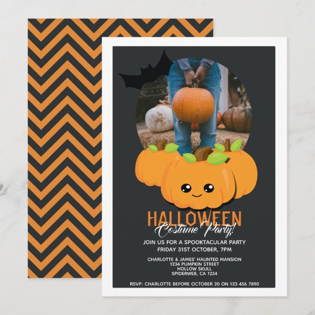 Invitación Calabaza De La Fiesta De Halloween Y Bat Personali (Anverso / Reverso)