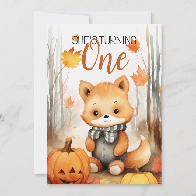 Invitación Calabaza de la zorra blanca y marrón primer cumple (Anverso)