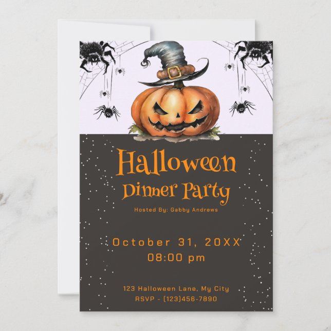 Invitación Calabaza de Linterna Araña Telarañas Fiesta de Hal (Anverso)