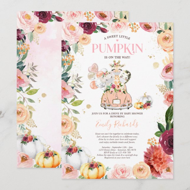 Invitación Calabaza De Los Animales Floral Safari Por Baby Sh (Anverso / Reverso)