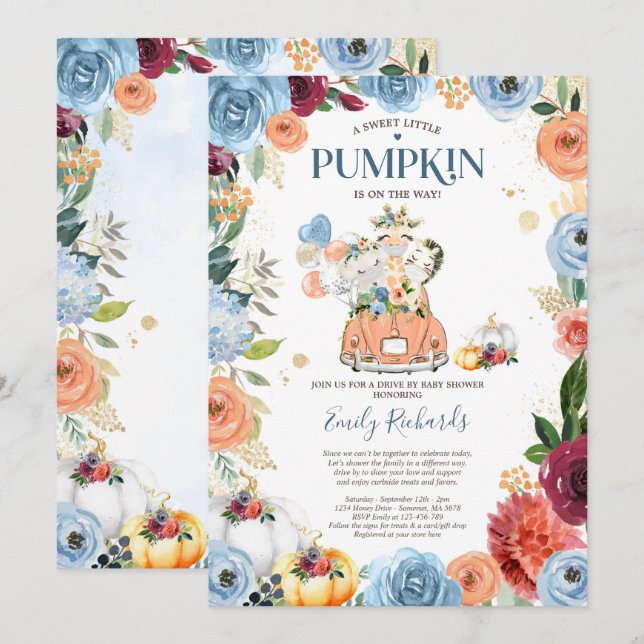 Invitación Calabaza De Los Animales Floral Safari Por Baby Sh (Anverso / Reverso)