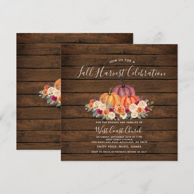 Invitación Calabaza de Madera Fiesta de la Cosecha de Otoño C (Anverso / Reverso)