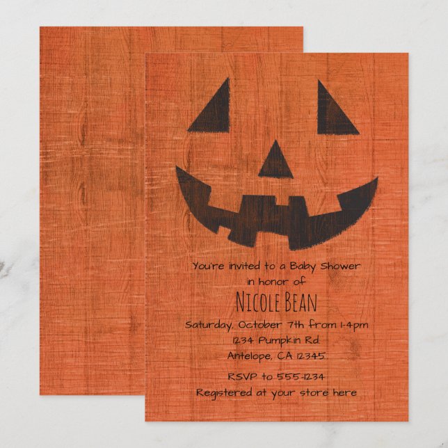 Invitación Calabaza de madera naranja fiesta rústica de Hallo (Anverso / Reverso)