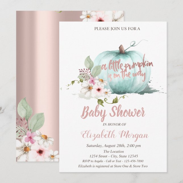 Invitación Calabaza de moda, Rosa de flores Baby Shower de or (Anverso / Reverso)