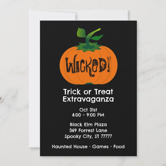 Invitación Calabaza de Naranja negro malvada feliz Halloween (Anverso)
