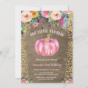 Invitación Calabaza de niña Cumpleaños número uno Floral Oro